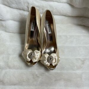 Dune Beige satin platform heels peep toe with a satin bow & rhinestones …